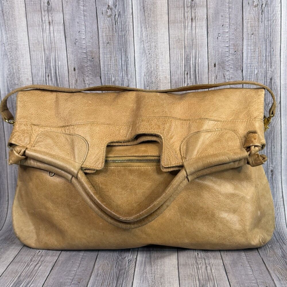 VTG Anna Corinna Tan Leather Mid City Large Fold Over Tote Satchel